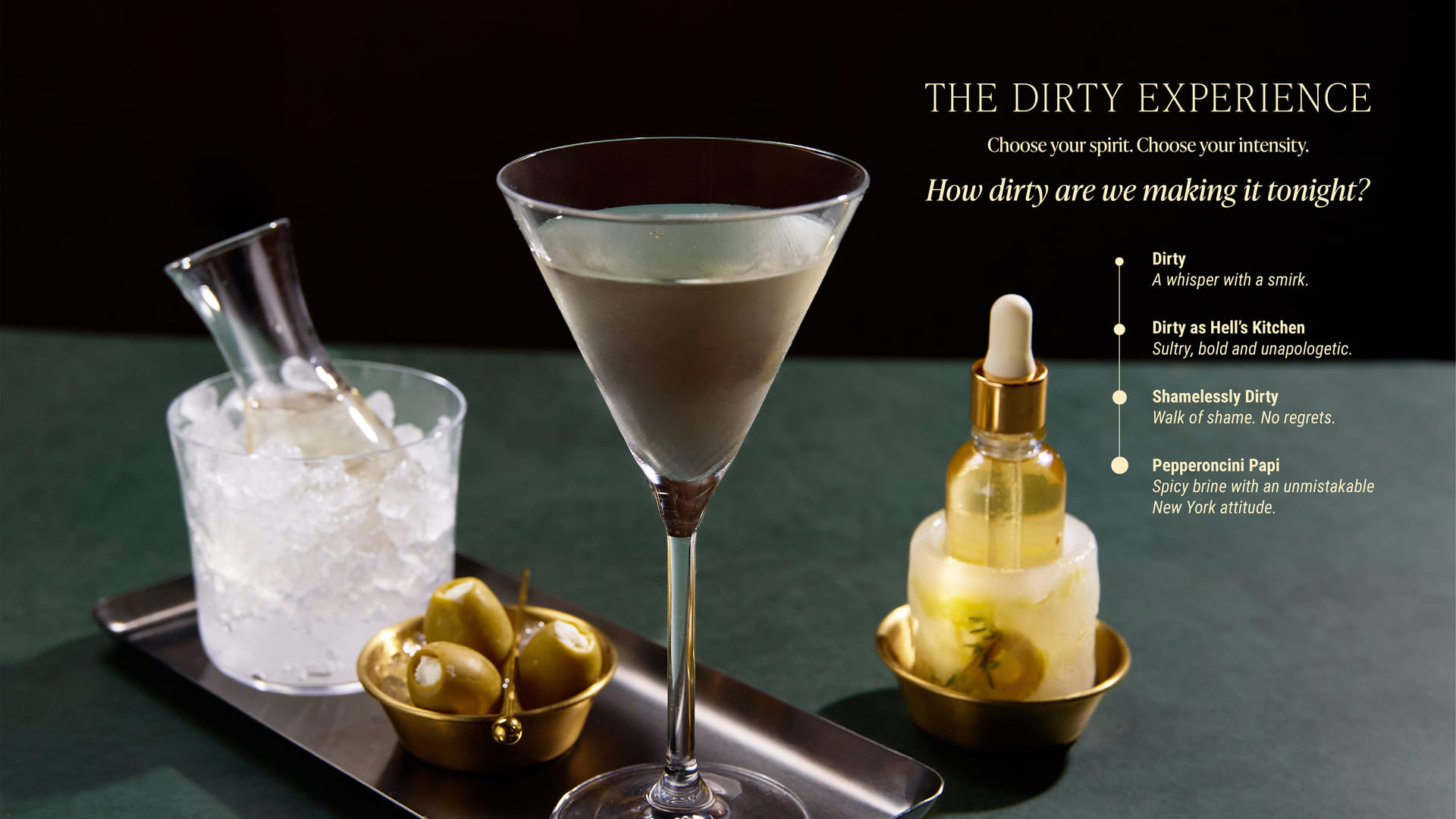 Martini with olives and cocktail setup displaying dirty martini options and ingredients