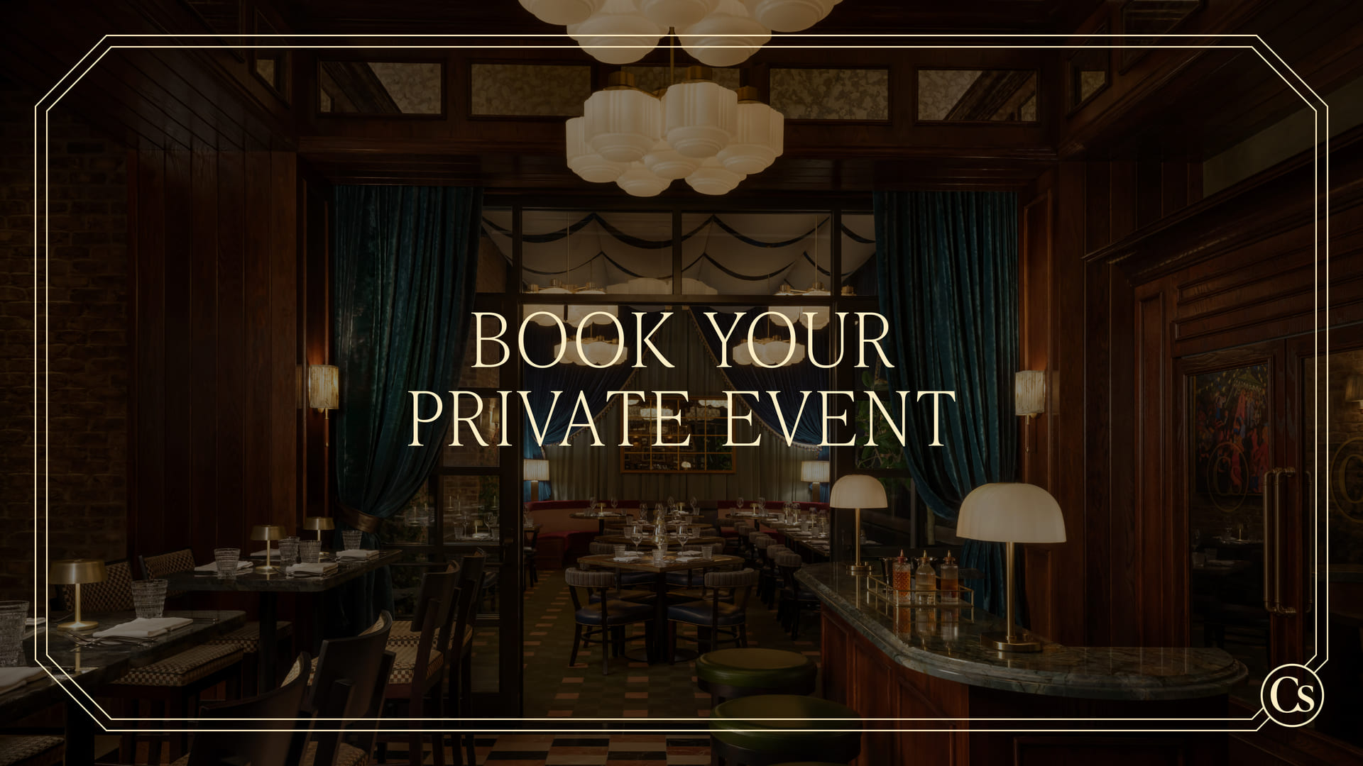 Upscale restaurant dining room with tables, bar, and “Book Your Private Event” text overlay