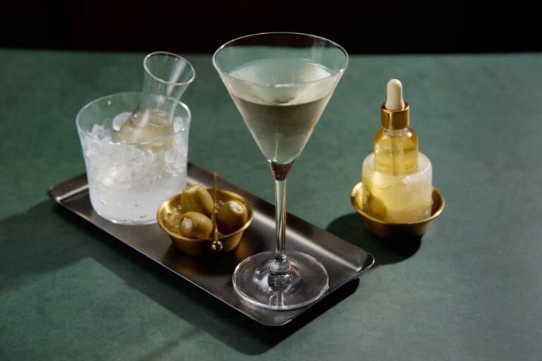 Classic martini served with olives, ice carafe, and cocktail preparation tools on a tray.