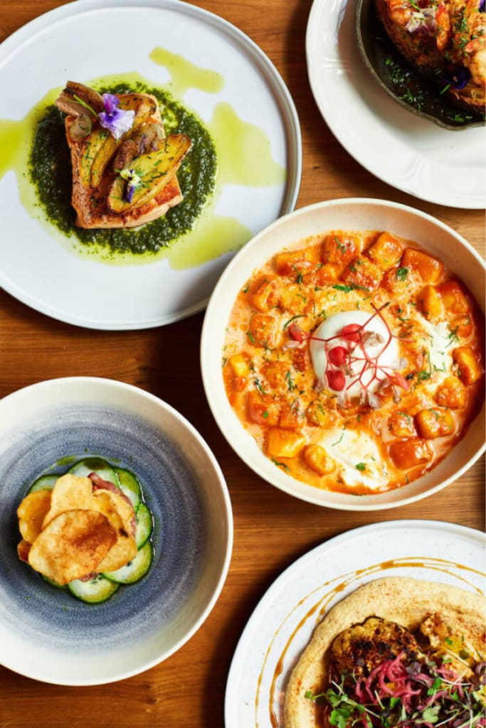 Assorted gourmet dishes including gnocchi, fish, and small plates served on a wooden table